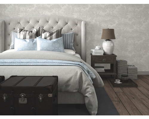 Slaapkamer scène met bed, nachtkastje en decoratieve objecten voor een gezellige sfeer