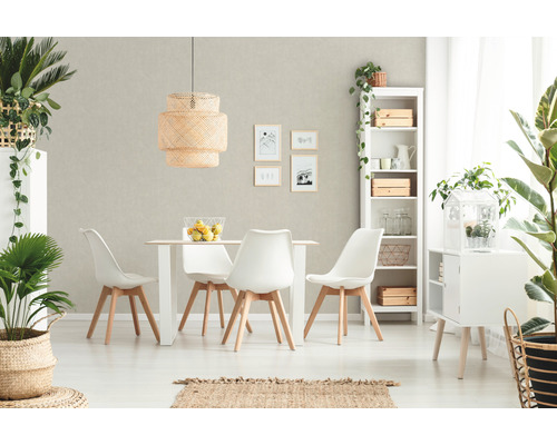 Lichte eetkamer met eettafel, stoelen, plank en planten voor een vriendelijke sfeer.