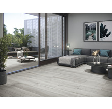 Woonkamer en terras met houtlook vloertegels, bank, tafel en decoratie