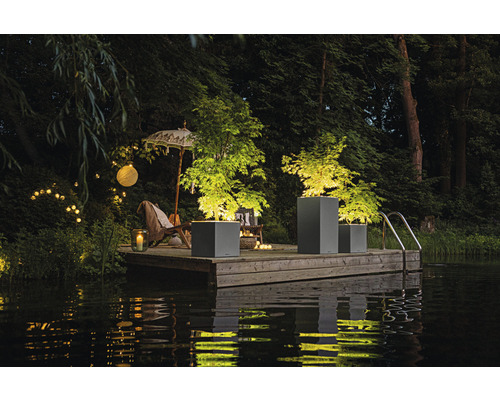 Scene met plantenbakken op een houten steiger aan het water, verlicht met lichtjes