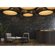 Elegante ontvangsthal met marmeren muur, receptie en zitplaatsen