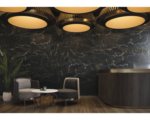 Elegante ontvangsthal met marmeren muur, receptie en zitplaatsen