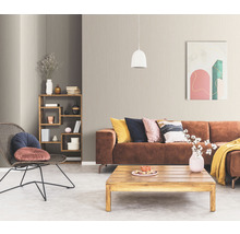 Woonkamer met bank, tafel en plank.