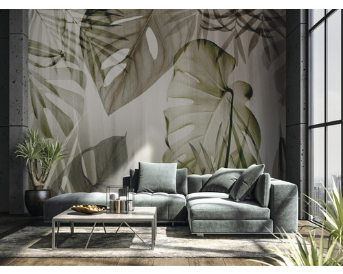 Woonkamer met bloemen fotobehang, bank en salontafel