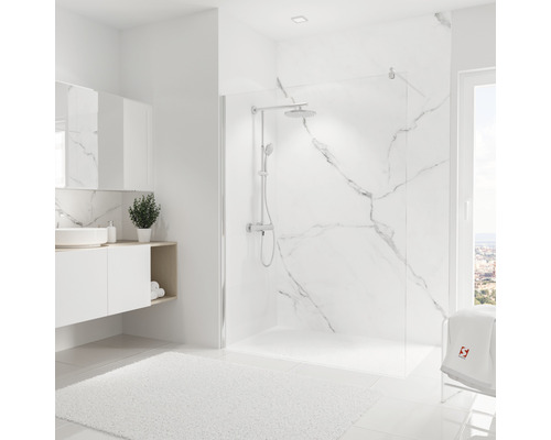 SCHULTE Douche achterwand 255x150 cm softtouch marmer Lichte badkamer met douche, wastafel en wit tapijt