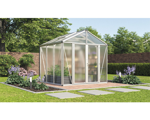 VITAVIA Tuinkas Zeus Comfort 6200 polycarbonaat 10 mm zilver, 258x242x250 cm Tuinkas in de tuin met planten en tuinpad.