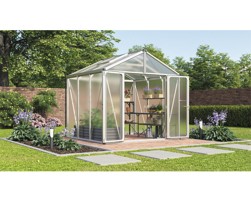 VITAVIA Tuinkas Zeus Comfort 6200 polycarbonaat 16 mm zilver, 258x242x250 cm Tuinkas met schappen in de tuin