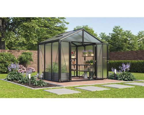 VITAVIA Tuinkas Zeus Comfort 6200 polycarbonaat 10 mm zwart, 258x242x250 cm Serre met planken in de tuin.