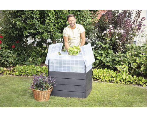 Houten plantenbak met plastic kap en man met sla in de tuin