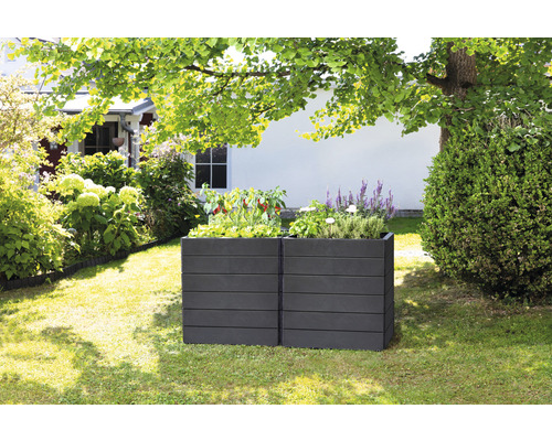 Twee kunststof plantenbakken in de tuin met planten.