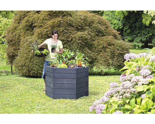 Vrouw beplant een verhoogde tuinbak in de tuin met groenten en kruiden.