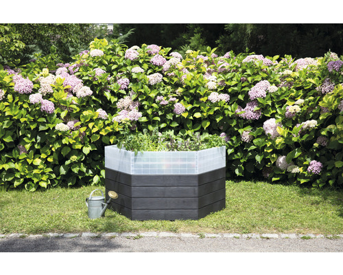 Houten plantenbak met planten en gieter in de tuin