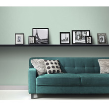 Woonkamer met plank, afbeeldingen en groene bank