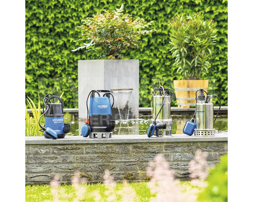 Verschillende Hyundai pompen in een tuinvijver met een waterval op de achtergrond.