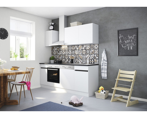 OPTIFIT Keukenblok met apparatuur Luca932 wit mat 210x60 cm Lichte keuken met eettafel, stoel en kinderstoel voor gezinnen
