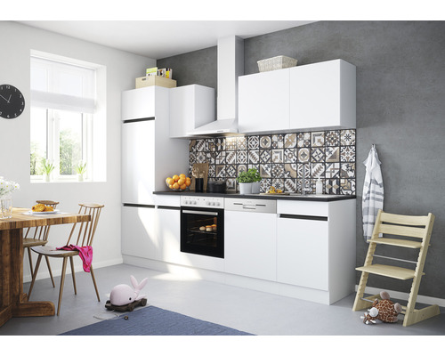 OPTIFIT Keukenblok met apparatuur Luca932 wit mat 270x60 cm Lichte keuken met witte kasten, eettafel en kinderstoel