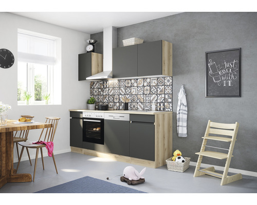OPTIFIT Keukenblok met apparatuur Noah420 antraciet mat 210x60 cm Lichte keuken met eettafel, stoelen en kinderstoel