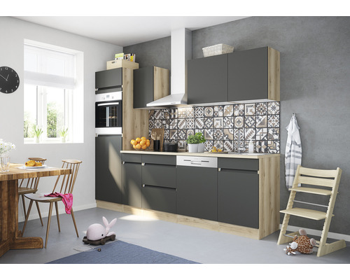 OPTIFIT Keukenblok met apparatuur Noah420 antraciet mat 270x60 cm Moderne keuken met eettafel en kinderstoel