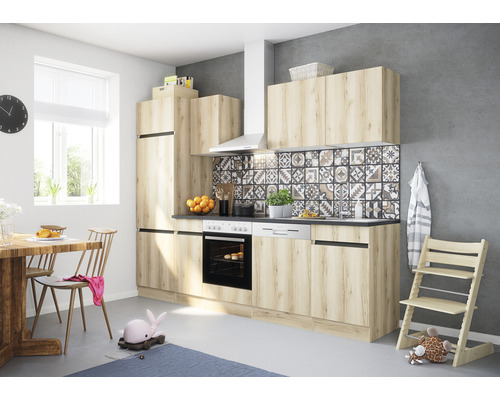 OPTIFIT Keukenblok met apparatuur Kaya290 wild eiken mat 270x60 cm Lichte keuken met eettafel, kinderstoel en decoratieve tegels