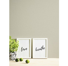 Decoratieve scène met twee ingelijste prints met de tekst ''liefde'' en ''adem'', een plant en limoenen