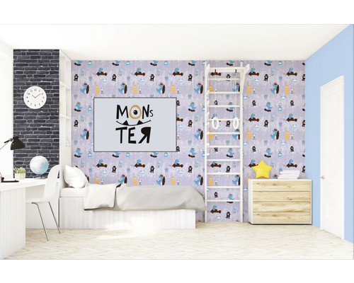 Lichte kinderkamer met patroonbehang, speeltoestel en bureau