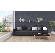 Woonkamer met bank, tafel, plank en decoratie
