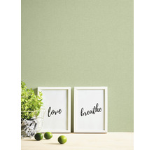 Licht, gestructureerd behang met decoratieve elementen zoals fotolijsten en planten