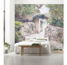 Wanddecoratie met een tuinpad, slaapkamer met bed