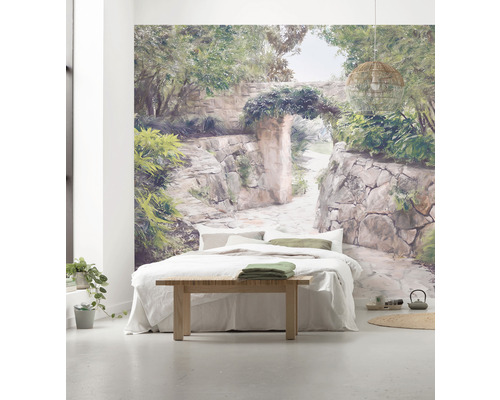 Wanddecoratie met een tuinpad, slaapkamer met bed