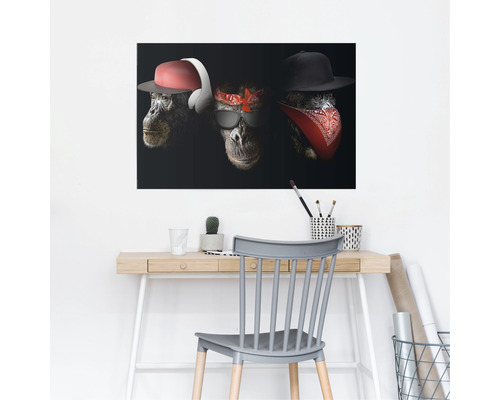 Decoratie met een afbeelding van drie apen met hoeden en bandana''s