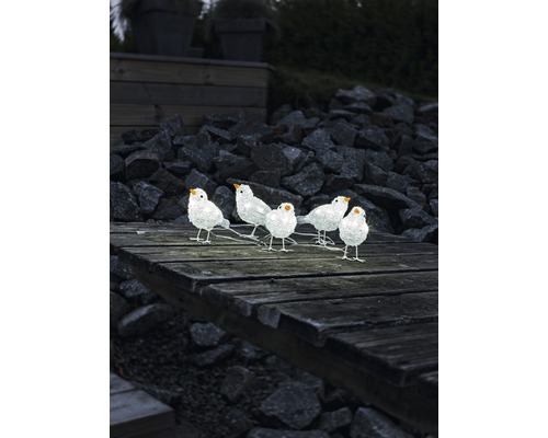 Decoratieve groep van zes witte vogels op een houten oppervlak buitenshuis
