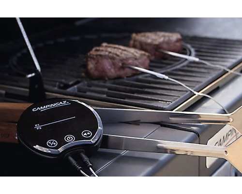 Campingaz logo. Barbecue met twee steaks en een barbecue thermometer.