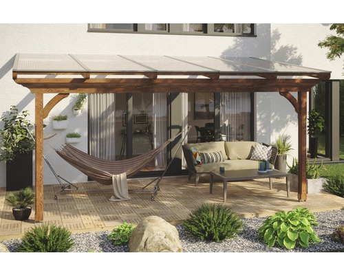 SKAN HOLZ Douglas Terrasoverkapping Ravenna noten gebeitst, 541x300x278 cm Overdekt terras met houten constructie, hangmat en zithoek in de tuin