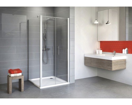 SCHULTE Douchecabine vierkant pendeldeur Alexa Style 2.0 80x192 cm Badkamer met douchecabine, wastafelonderkast en handdoeken op een kruk