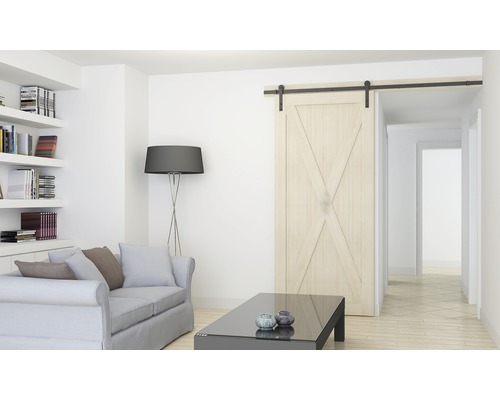 Woonkamer met schuifdeur in schuurstijl, bank, tafel en boekenkast.