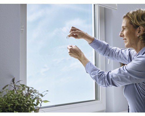 Vrouw brengt een raamfolie aan op een raam