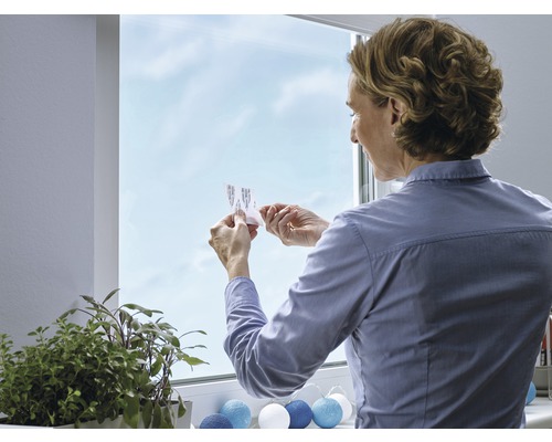 Vrouw bevestigt plakstrips op het raam