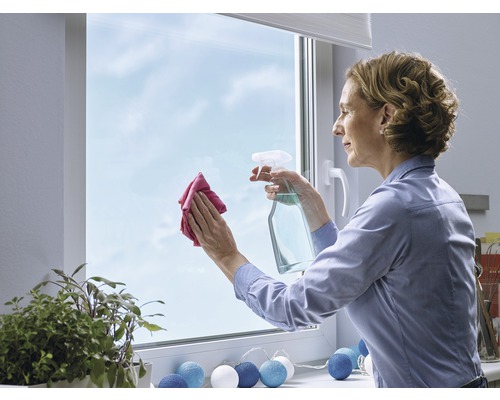Vrouw maakt ramen schoon met een spuitfles en doek