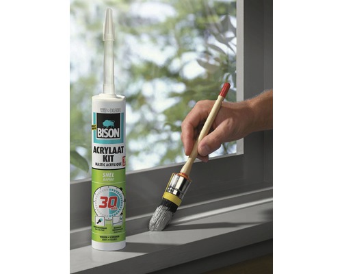 Bison Acrylaat Kit koker en een kwast om aan te brengen op een vensterbank