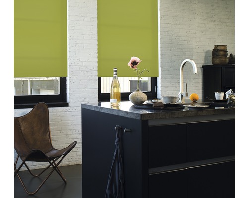 Moderne keuken met groene rolgordijnen voor het raam, aangevuld met een aanrechtblad, gootsteen en stoel