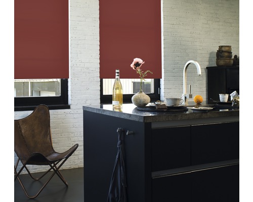 Scene van een moderne keuken met rode rolgordijnen voor de ramen.