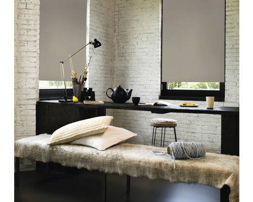 Lichte kamer met rolgordijnen, bureau, bank en decoratieve elementen