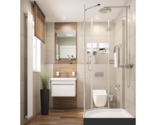 Badkamer met wastafel, spiegel, douche en toilet.