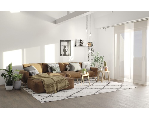 Woonkamer met bruine hoekbank, geometrisch tapijt en kamerplanten.