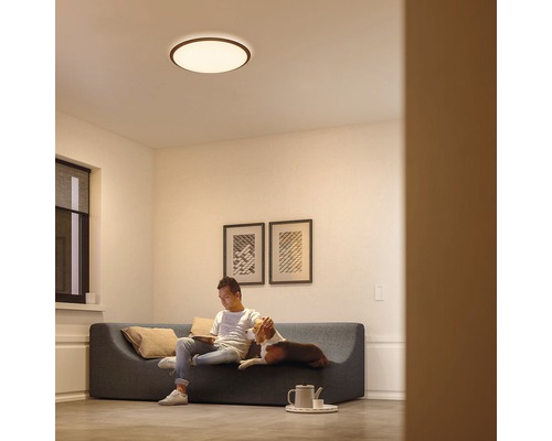 Woonkamer met plafondlamp, bank, man en hond