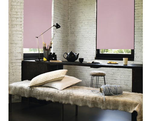 Lichte kamer met twee ramen en roze rolgordijnen, gedecoreerd met een bank, tafel en accessoires