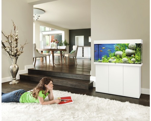 Woonkamer met aquarium op onderkast, gevuld met vissen, planten en stenen