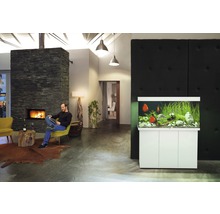 Woonkamer met aquarium en zittende man bij de open haard.