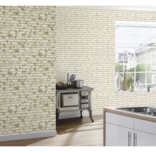 Lichte ruimte met baksteenmotief behang, oven en raam