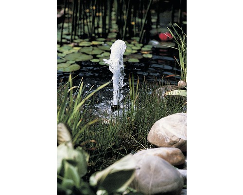 Decoratieve fontein in de tuinvijver met oeverbeplanting